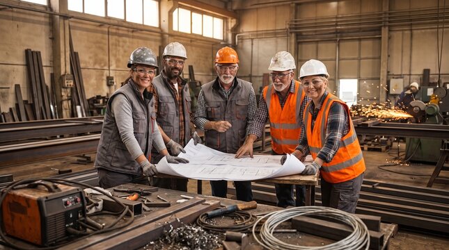 A diverse, multi-gender construction team (mix of ages, ethnicities) stands amid raw materials, unfinished metal work, construction chaos &mdash; dirt, scattered tools, rough beams. They're looking at archi