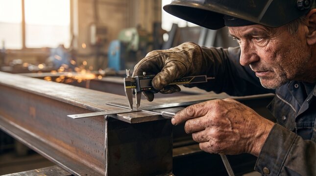 Professional Metal Fabricator Measuring Steel Beam with Precision Tools | Experienced Welder Hands, Industrial Construction Workshop, Skilled Craftsman Stock Photo