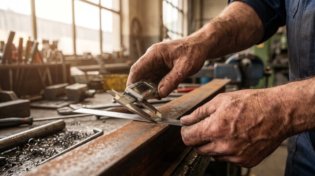 Close-up of an older male fabricator's (age 55+, weathered) hands holding precision measuring tools against a steel beam. The contrast: rough, scarred hands executing microscopic precision work. Decad
