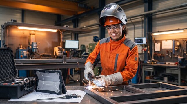 A Gen-Z female welder (age 23, multiracial, confident stance) in contemporary protective gear (sleek hard hat, modern welding jacket) executes a weld. Her expression shows both respect for the craft a