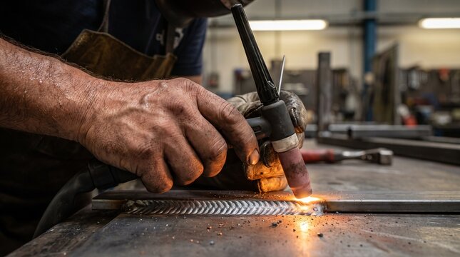 Professional Welder Creating Perfect Steel Weld Close Up | Industrial Construction, Skilled Metalworker Hands, Precision Welding, Macro Metal Fabrication Stock Photo