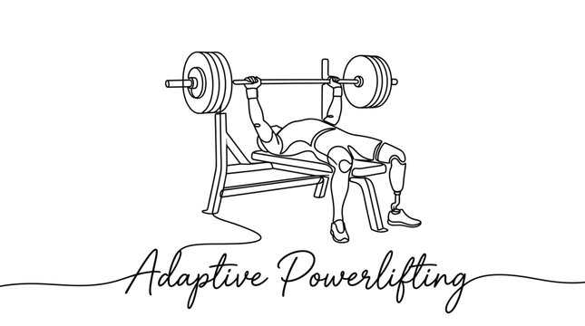Illustration of a person lying on a bench performing adaptive powerlifting with a barbell overhead with the text adaptive