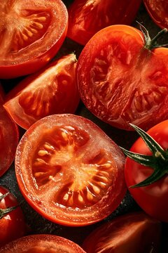 Fresh Vibrant Sliced Red Tomatoes and Tomato Wedges Arranged as a Juicy Full Frame Food Background