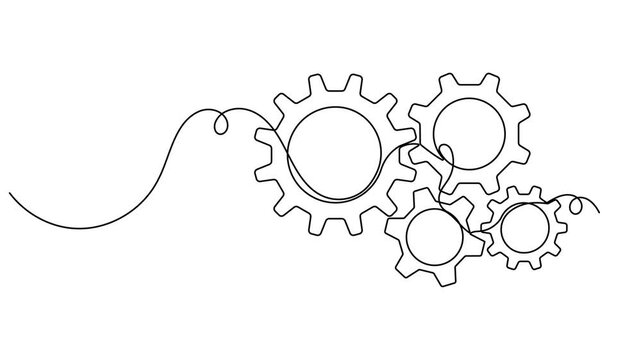 Four programming cog gears wheel icon sign continuous one line drawing moving on white background minimalist performance of technology protect symbol animation video