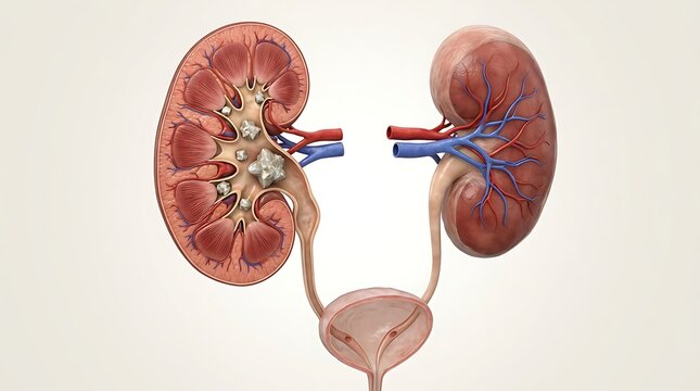 3d medical illustration of human kidneys with kidney stones, showing the internal anatomy of the renal system including the ureters and bladder