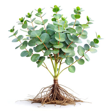 Small eucalyptus plant with visible roots isolated on a white background for botanical design projects