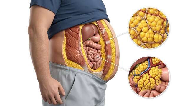 3d medical illustration of a male torso showing subcutaneous fat and visceral fat deposits inside the abdominal cavity, isolated on white background