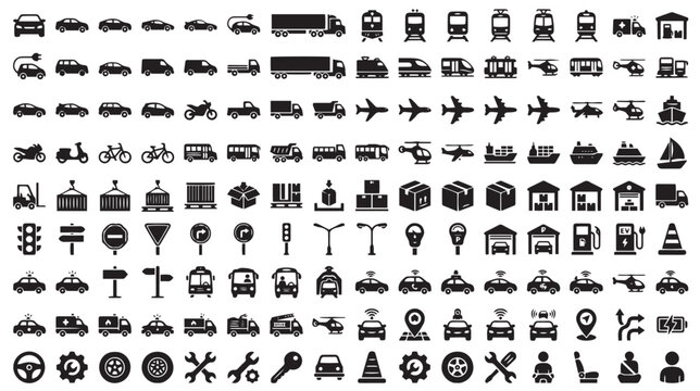 Transportation and logistics icon set, black silhouette vehicle symbols for shipping and delivery, 140 transport vector elements for map wayfinding