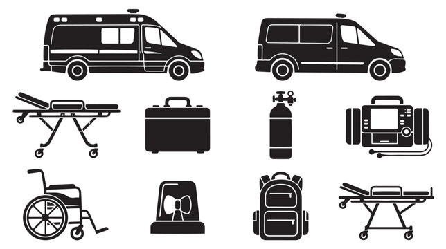 Ambulance and emergency medical equipment icons set, black silhouette first aid vehicle and paramedic tools, healthcare rescue vector collection