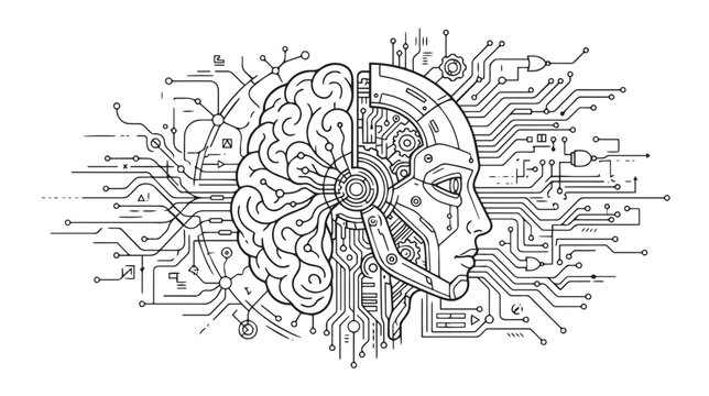 Artificial intelligence human brain concept vector, cyborg head with electronic circuit board, neural network and machine learning technology illustration