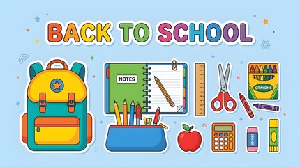 Naklejka premium Back to school supplies collection with backpack and stationary, backpack