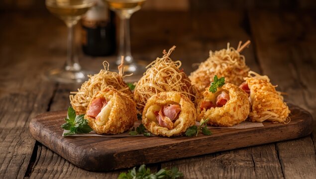 Saint-Florentin-style potato zrazy with ham and vermicelli coating.