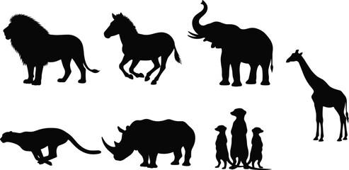 Obraz premium Black silhouettes of African safari animals on a white background lion zebra elephant giraffe cheetah