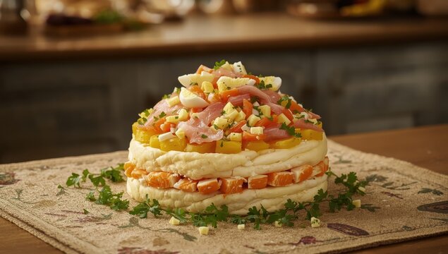 Mimosa puff salad featuring canned fish, potatoes, cheese, carrots, and eggs, topped with parsley.