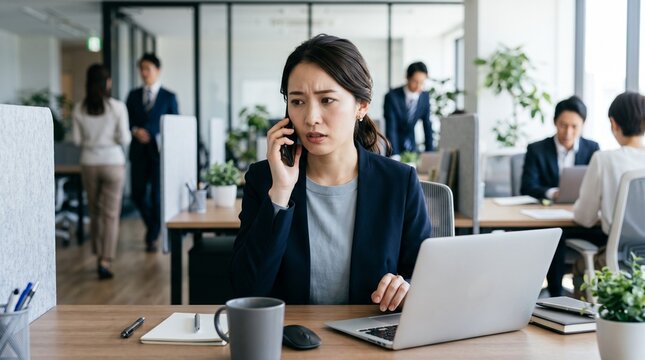 ノートパソコンが置かれた自席に座り、携帯電話で通話しながら焦った表情を浮かべている日本人女性社員のクローズアップ