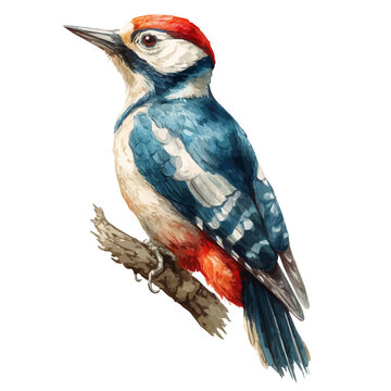 Woodpecker, realistic watercolor artwork on white background