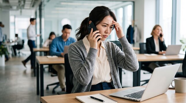 ノートパソコンが置かれた自席に座り、携帯電話で通話しながら焦った表情を浮かべている日本人女性社員のクローズアップ