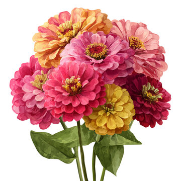 Watercolor illustration of Zinnia Bouquet, isolated on white background