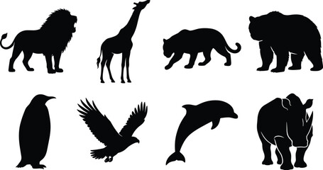 Fototapeta premium Black silhouette collection of eight wild animals on white background lion silhouette giraffe silhouette