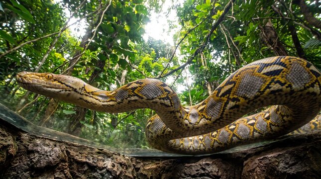 Reticulated Python Slithering in Tropical Rainforest Canopy Wide Angle View