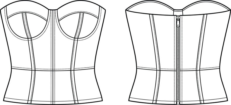 Technical fashion flat sketch vector illustration of a women strapless bustier corset top CAD template design front back view