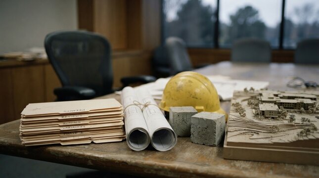Project funding uncertainty in construction with permit folders, rolled plans, hard hat, concrete samples, site model, and empty drafting chair in boardroom.