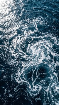 Top Down Aerial View of Swirling Deep Navy Blue Ocean Current with Intricate White Sea Foam Patterns and Intense Sun Glare Liquid Texture Background