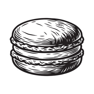 Macaron French Cookie Illustration in Woodcut Engraved Relief Printmaking Style Carved Food Icon