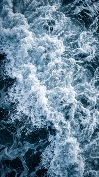 Top Down Aerial Shot of Churning Deep Indigo Ocean Waves with Heavy Diagonal White Sea Foam and Thick Crashing Liquid Texture Background