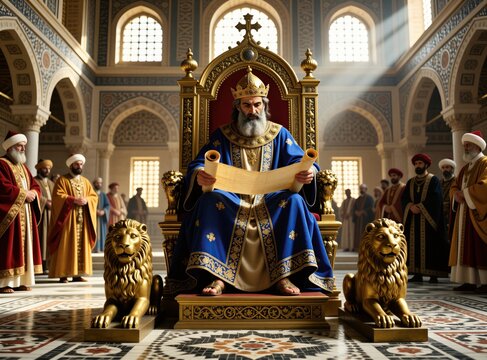 Ancient king with grey beard sits on golden throne in palace. Reads holy scroll under sunlight. Courtiers stand around in luxury hall. Royal scene with lions, grand architecture represents biblical