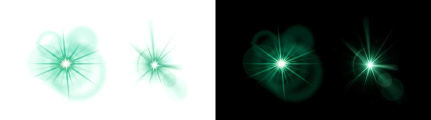 Green lens flare stars glowing with radiant light beams and soft glow ideal for magic and cinematic design available in PNG, Transparent and Black Background Versions © Crafter