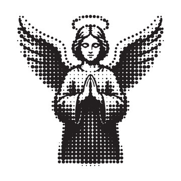Praying Angel Figure in Halftone Rasterized Screenprint Style with Dots and Stippling Texture