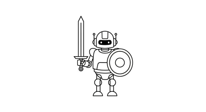 Cute cartoon robot warrior with sword and shield, futuristic technology, AI concept, vector illustration