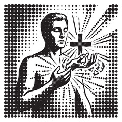 Fototapeta premium Spiritual Man in Prayer with Cross Graphic, Halftone Dots Pattern Illustration, Screenprint Style Rasterized Stippling Vintage Pop Art Design