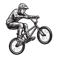 Fototapeta premium Extreme BMX Rider Performing a Wheelie Stunt in Woodcut Engraved Relief Carved Printmaking Style