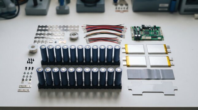 Battery cells, battery management board, thermal pads, nickel strips, and insulated wiring arranged on a clean workbench for electrification and energy storage.