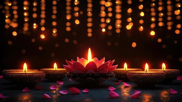 Festive celebration with illuminated diyas and lotus candle in tranquil setting. Deepavali, Diwali, Pongal. Hindu festival of lights. Loy Krathong