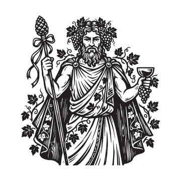 Dionysus Greek God of Wine Woodcut Illustration - Engraved Relief Printmaking Style of Bacchus with Grapes and Thyrsus Staff