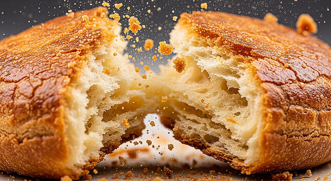 Poğa&ccedil;a broken in half, crumbs flying, high-speed capture 