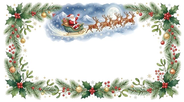 Watercolor Christmas Border with Santa Sleigh Holly and Winter Decorations