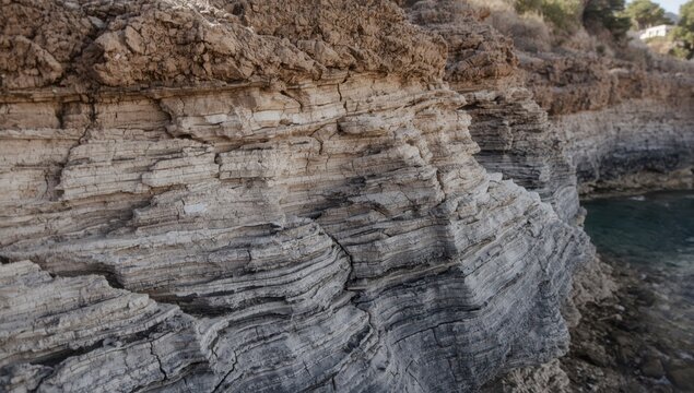 Close-up details of compressed cracked rock formations in diverse shapes, colors, and thicknesses along Crete's north central coast, Greece. Geological and natural science concept.