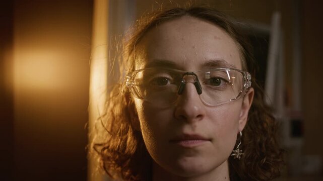 Portrait of Caucasian young adult woman taking off safety earmuffs in carpentry workshop and looking into camera. Clip is perfect for industrial safety training or trade school promotions