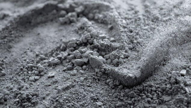 Cement powder prior to mixing with concrete. Gray powder background. Close-up texture. Renovation and construction sector. Soft, dry texture. Dust and powder.