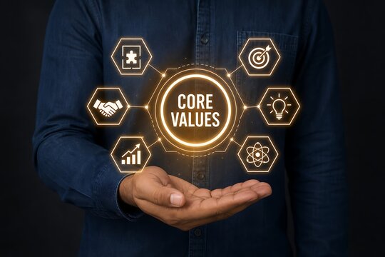 Business professional holding glowing core values concept with holographic icons