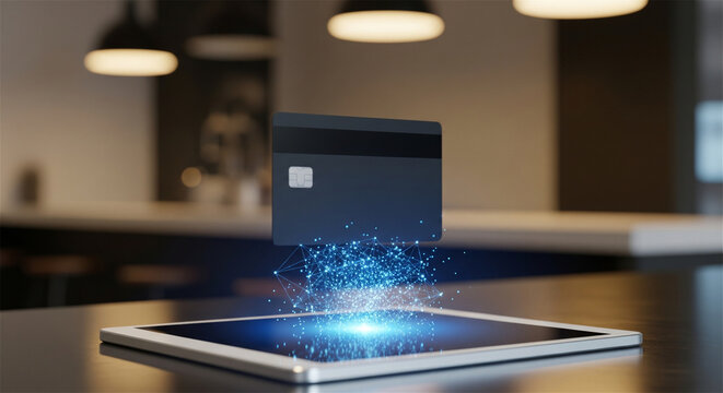 Digital payment concept with credit card hovering over a tablet with glowing energy