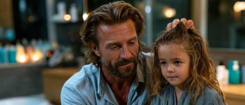 A bearded man tenderly lifts the hair of a young girl in a bathroom, with soft lights in the background.