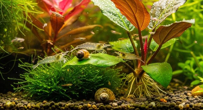 close up of freshwater aquascape with shrimp, snails, fish, and aquatic plants