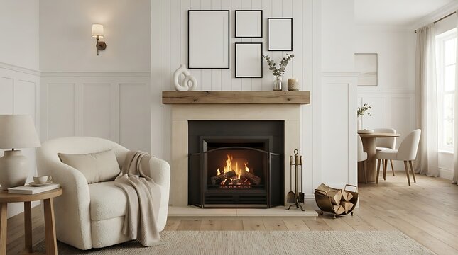 Cozy living room interior featuring a fireplace with a wooden mantel, a comfortable armchair, and a dining area in the background with neutral decor