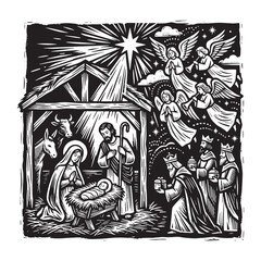 Obraz premium Traditional Nativity scene woodcut illustration with Mary Joseph baby Jesus and the three kings in an engraved relief printmaking style