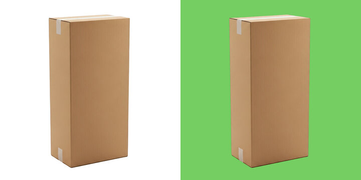 Tall cardboard shipping box and green background